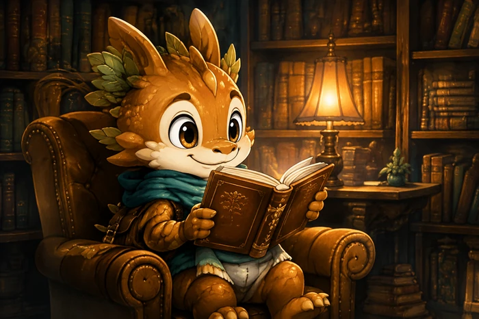 Pippin reading a book in a cozy library
